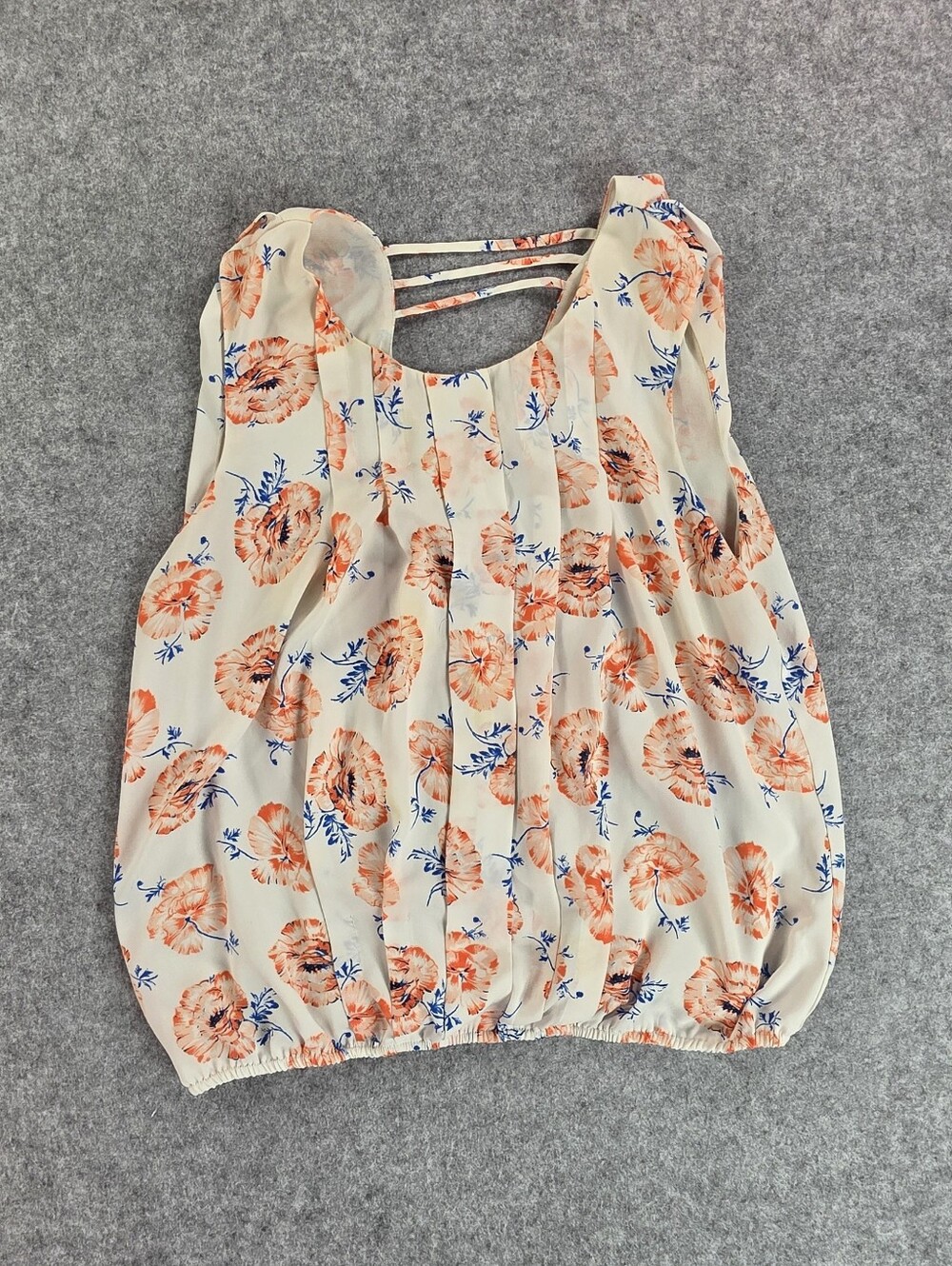 Meadow Rue Cream Floral Sleeveless Blouse Top Shirt Coral and Navy Accents Sz L